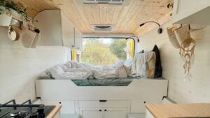 DIY campervan interior with what cabinets, wooden roof and bamboo counter tops