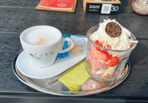 metal tray with a cappuccino, small cookie, and an ice cream coop in a glass